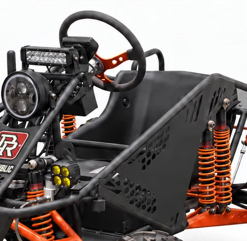 Close-up of the approved kart’s steering wheel and cockpit