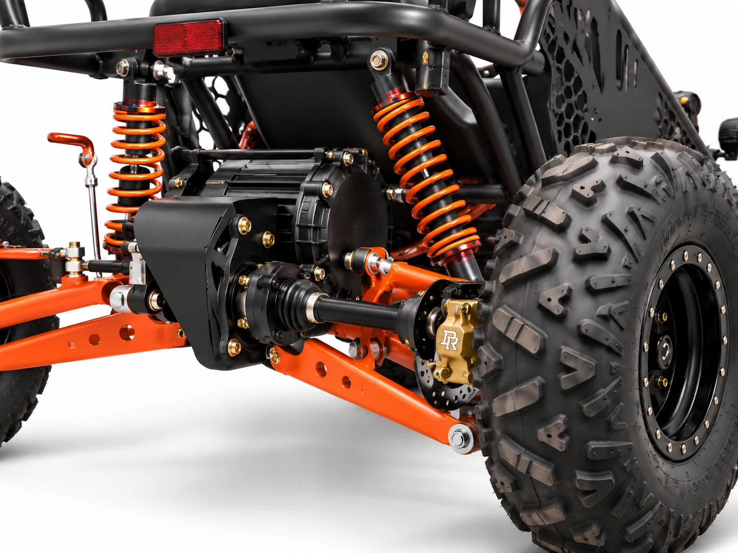 Rear drivetrain concept detail — orange chassis, suspension and axle